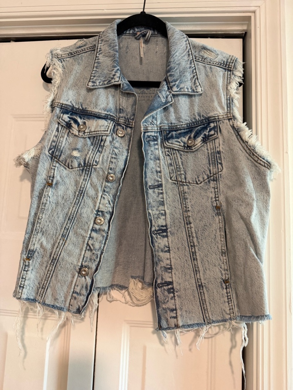 Free People Light Wash Distressed Denim Vest